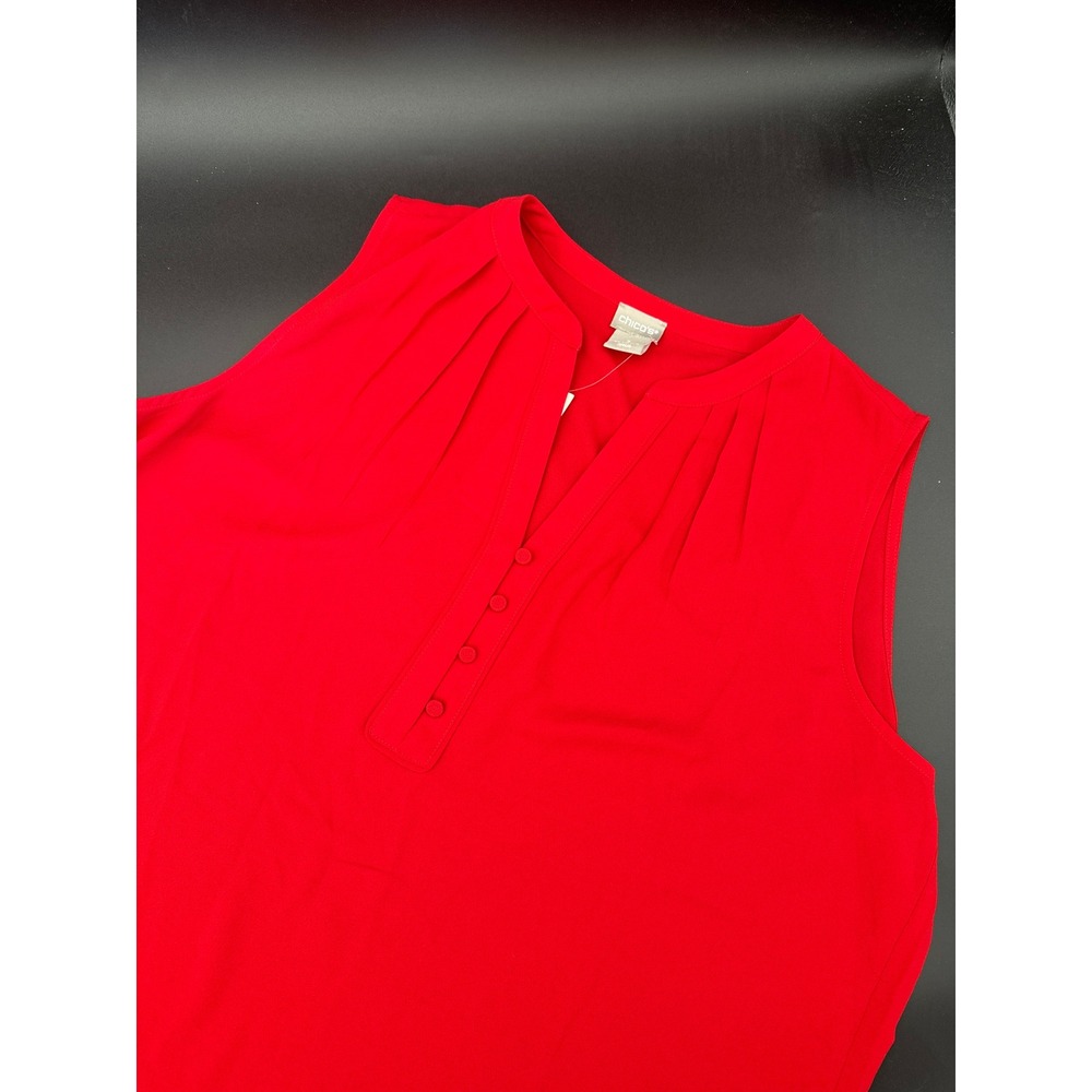 Chicos Red Sleeveless Blouse Size 3 US 16 18 Pleated Split Neck Button Top NEW